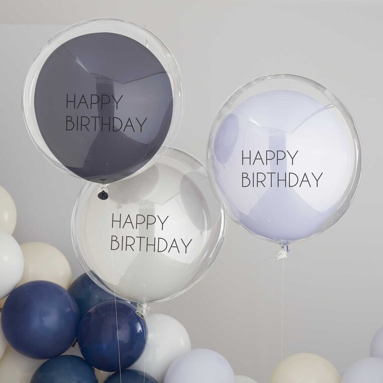 Product Image for Ballonger Double Layer, Blå Happy Birthday 3 stk.