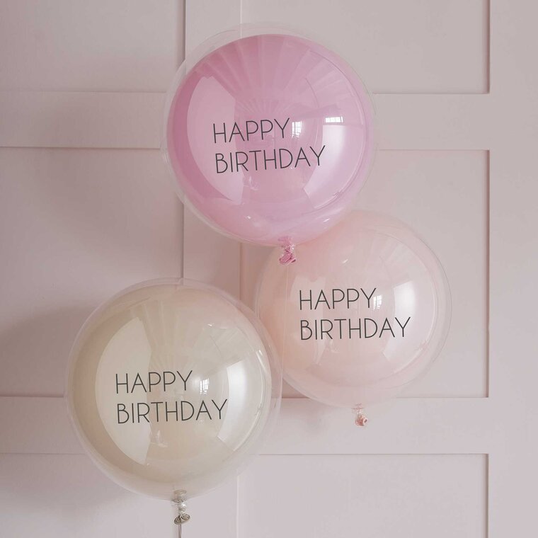 Product Image for Ballonger Double Layer, Rosa Happy Birthday 3 stk.