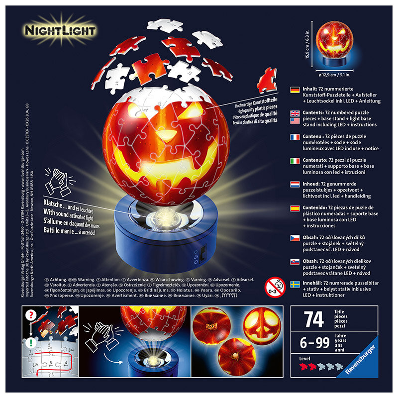 Ravensburger 3D Puslespill, Pumpkin with Night Light 72 brikker