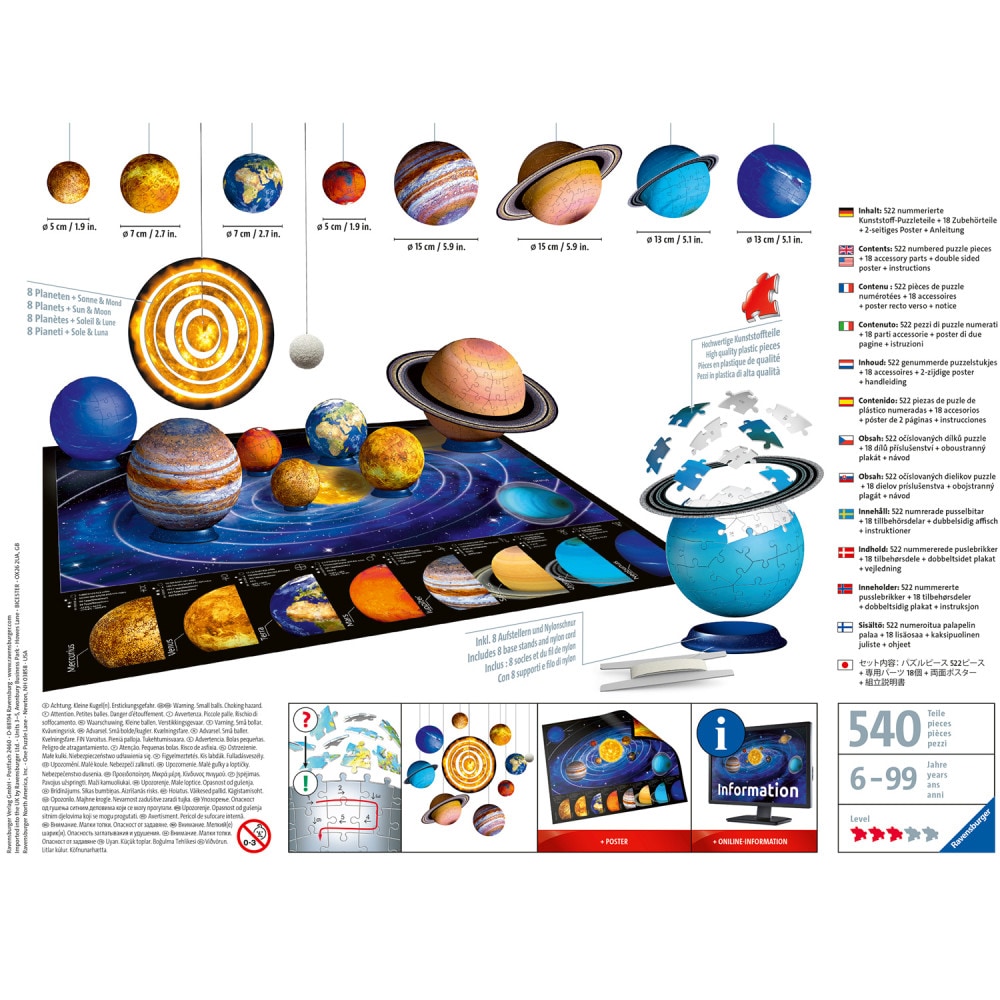 Ravensburger 3D Puslespill, The Solar System 27/54/72/108 brikker