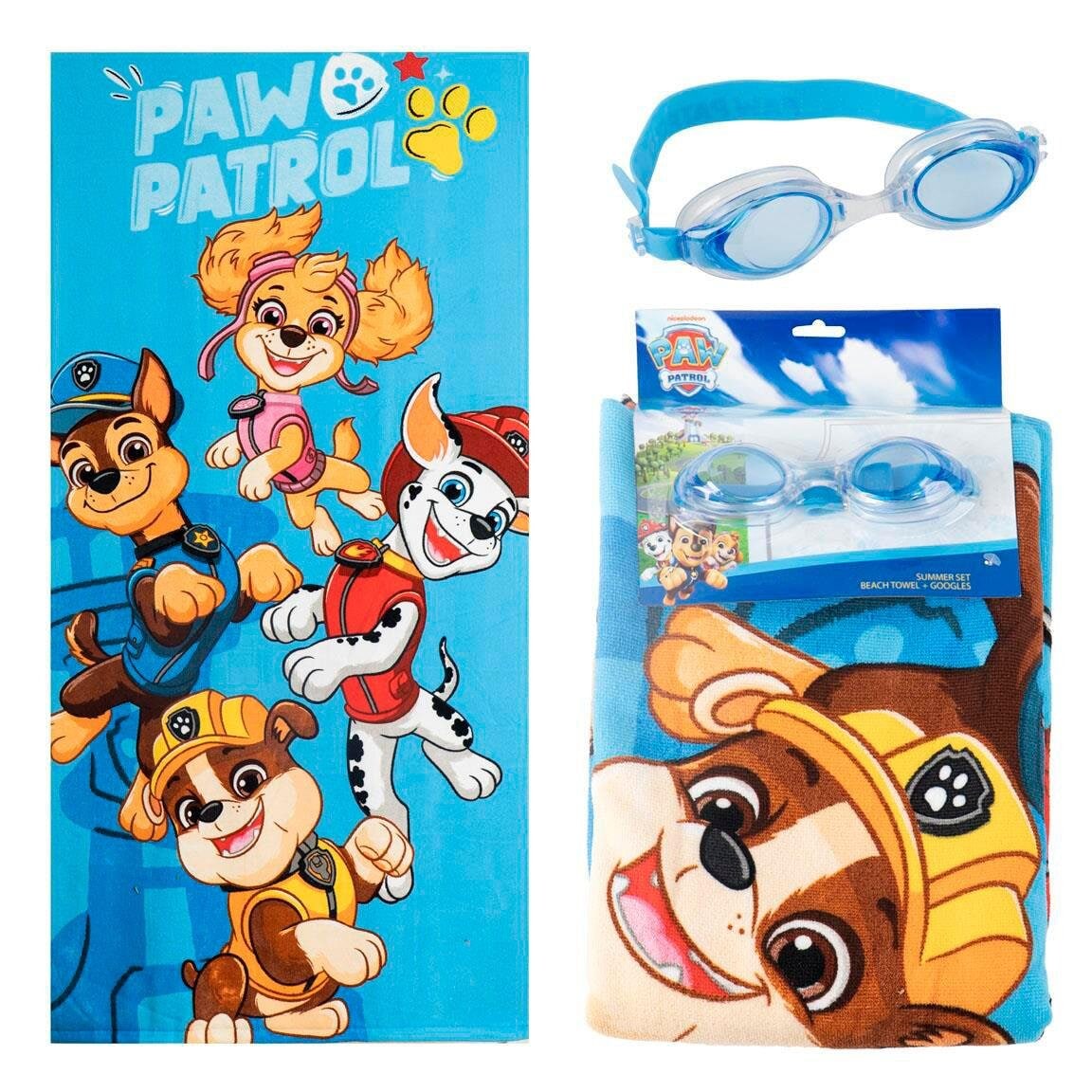 Paw Patrol sett med badehåndkle og svømmebriller
