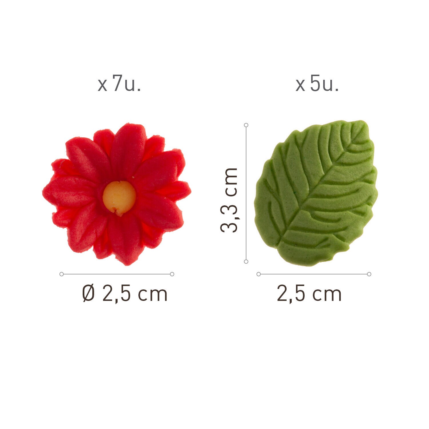 Sukkerdekorasjoner Røde blomster med blader 12 stk.