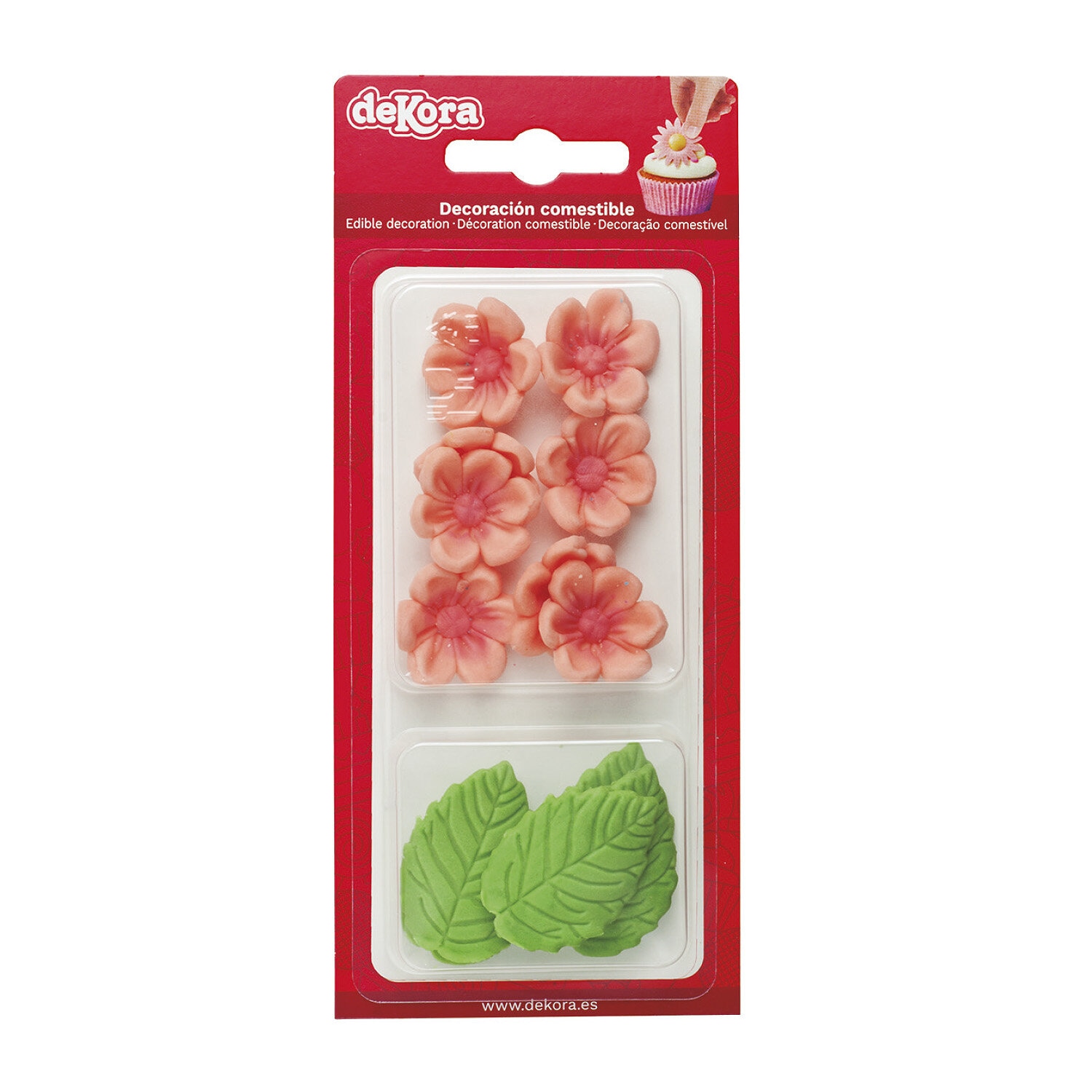 Sukkerdekorasjoner Rosa blomster med blader 13-pk
