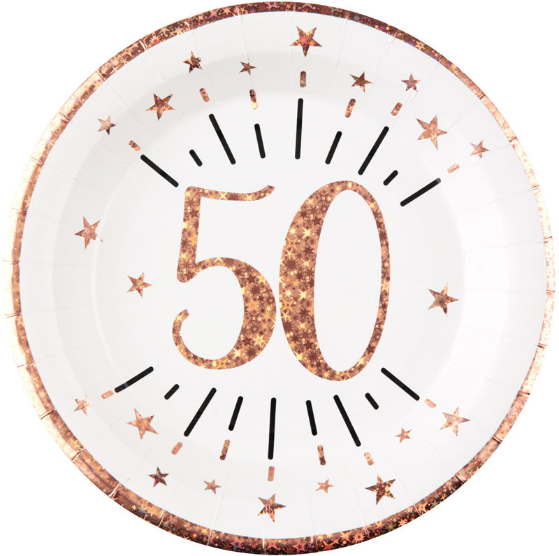 Papptallerkener Roségull Glitrende 50-årsfest 10 stk.