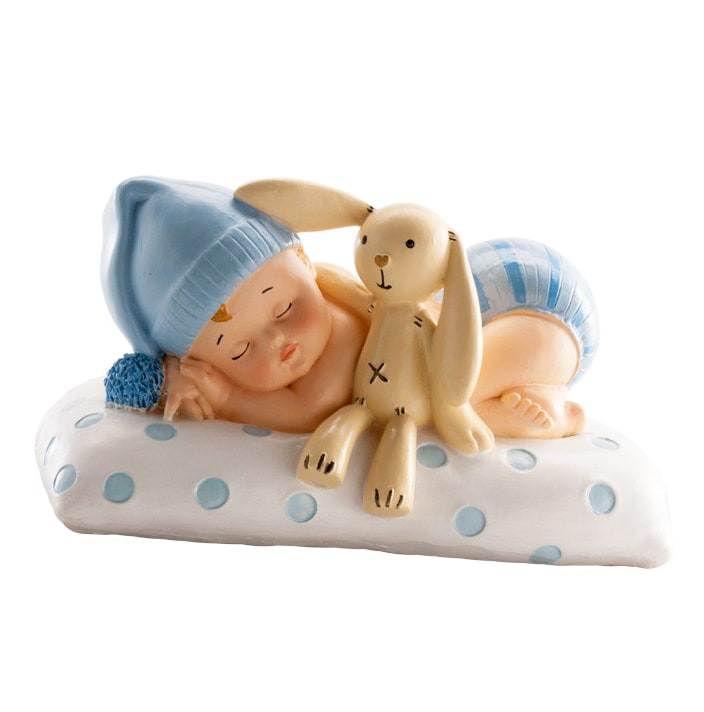 Kakedekorasjon - Baby i blått med kosedyr 10 cm