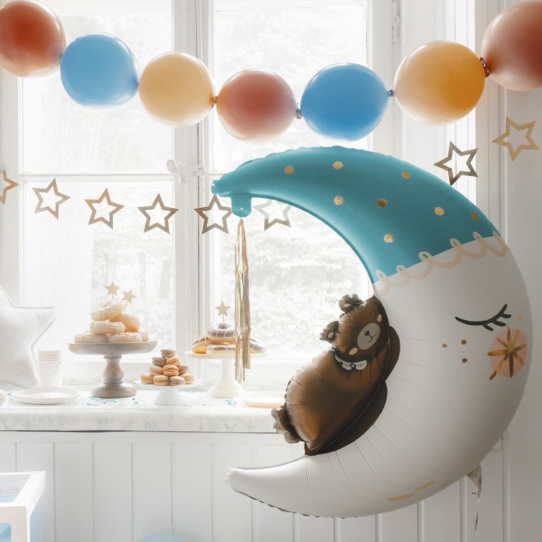 Folieballong - Halvmåne med teddybjørn blå 80 x 98 cm