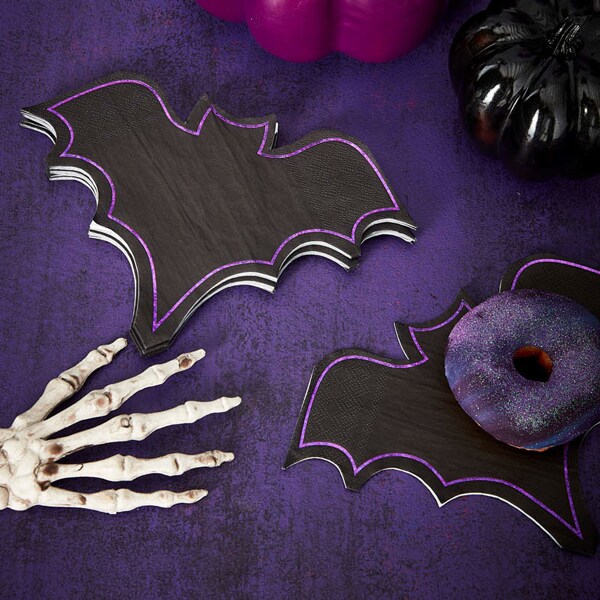 Servietter Bats med lilla dekorkant av folie 16 stk