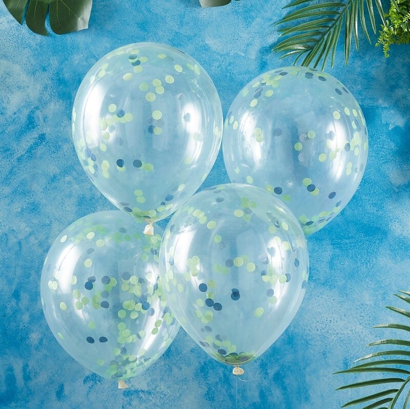 Ballonger med grønn och blå konfetti 5-pack