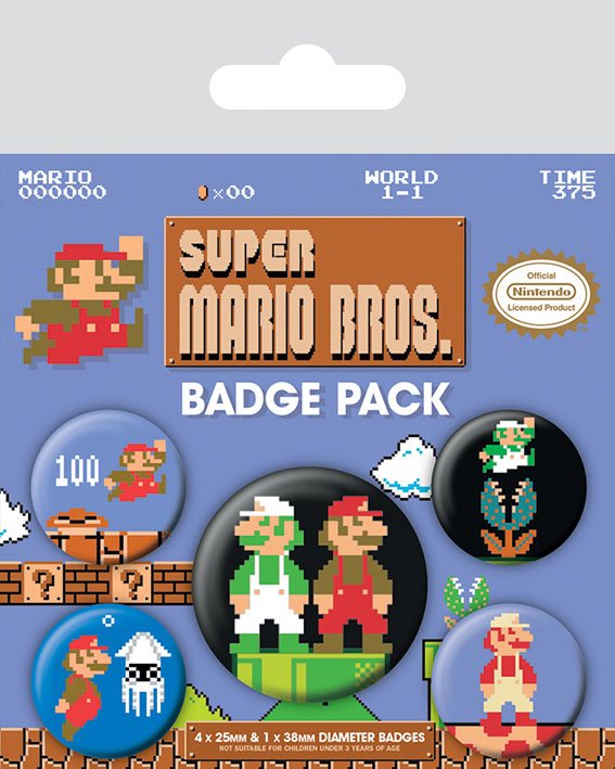 Super Mario Bros - Knapper retro 5 stk.