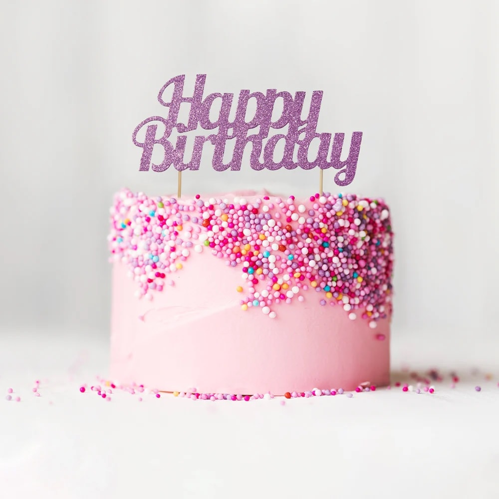 Kakepynt Happy Birthday - Rosa Glitter