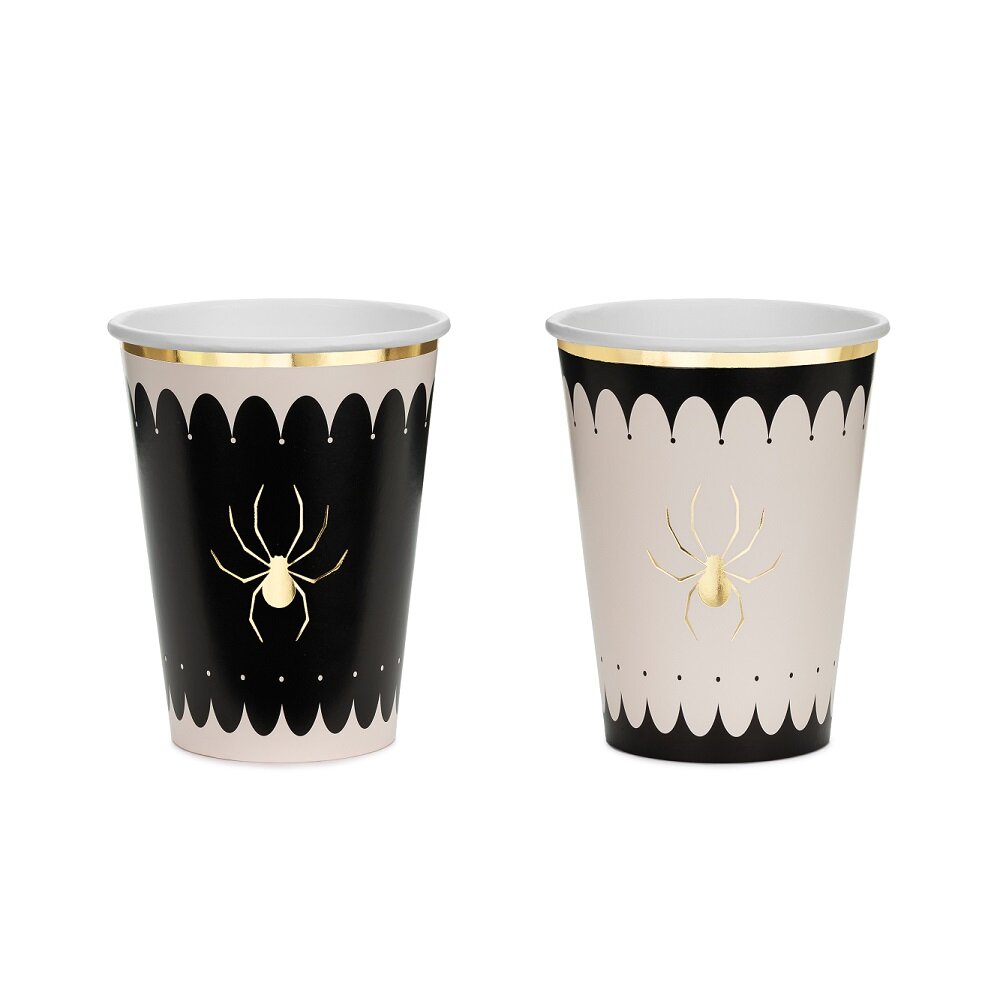 Halloween-kopper med gullfarget edderkopp 6 stk