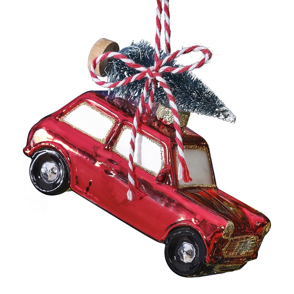 Juletrekule - Rød bil med juletre 9 x 6 cm