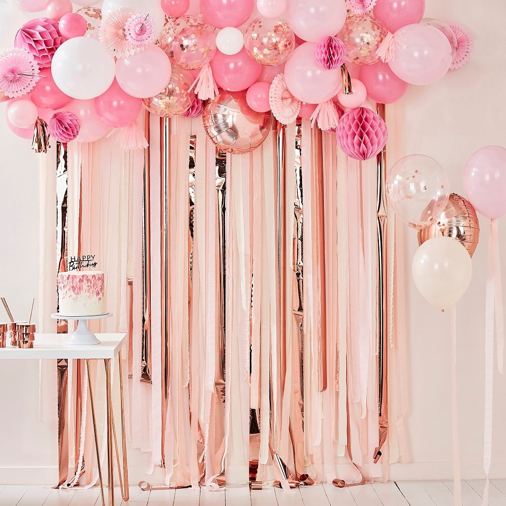 Backdrop frynsegardin i rosegullfolie/rosa