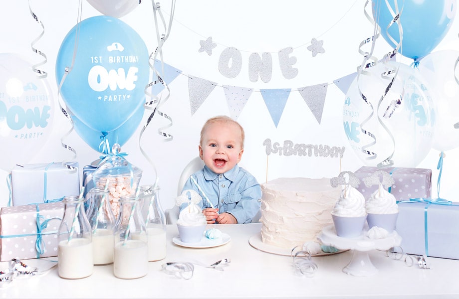 Dekorasjonssett 1-årsbursdag i sølv & blått