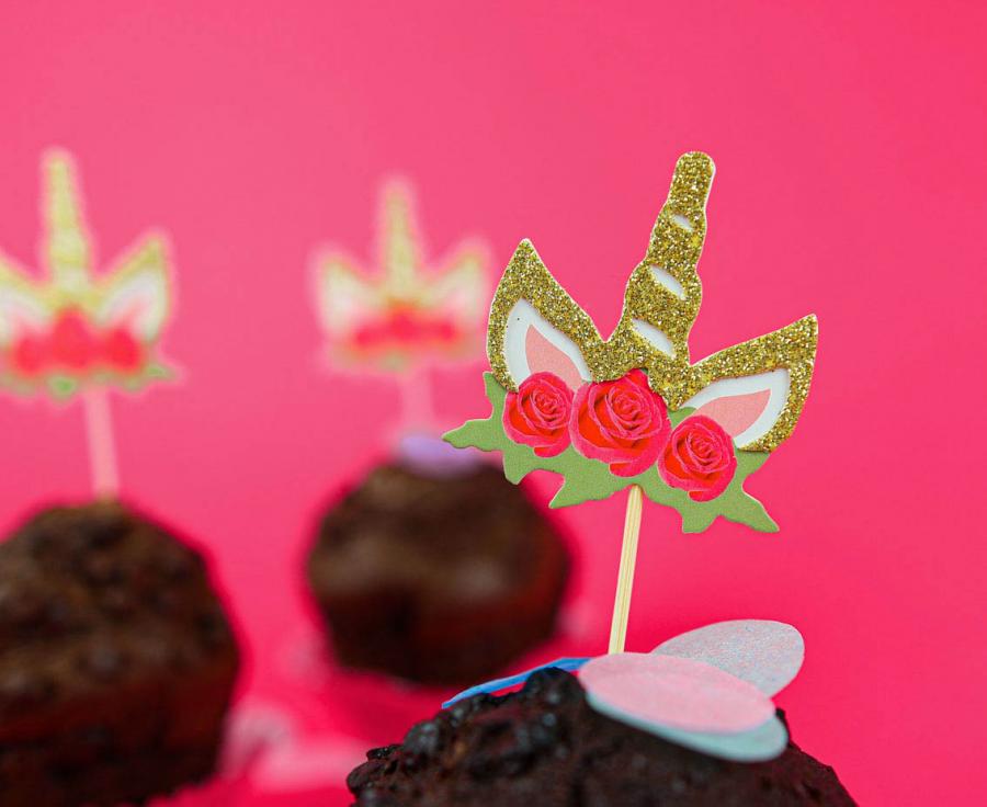 Cake Toppers - Enhjørninger med blomster, 6 stk.