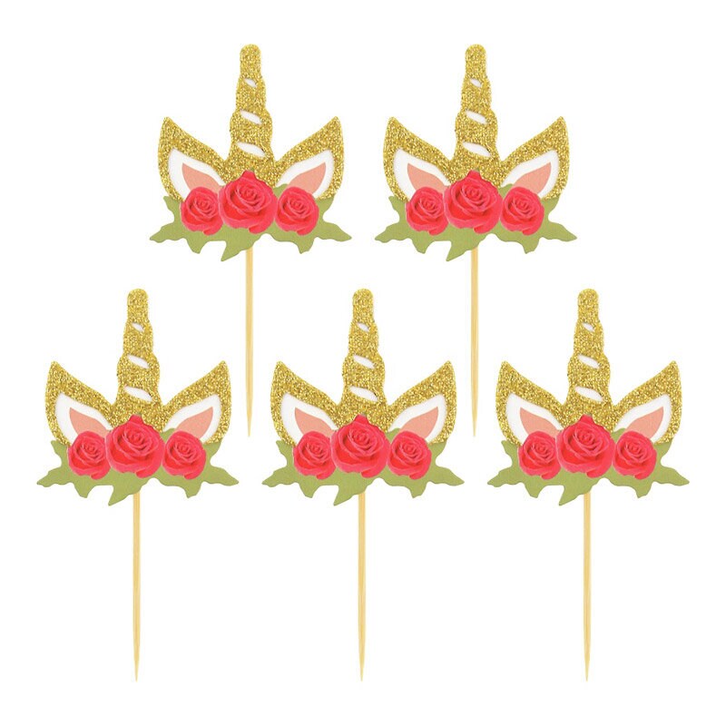 Cake Toppers - Enhjørninger med blomster, 6 stk.