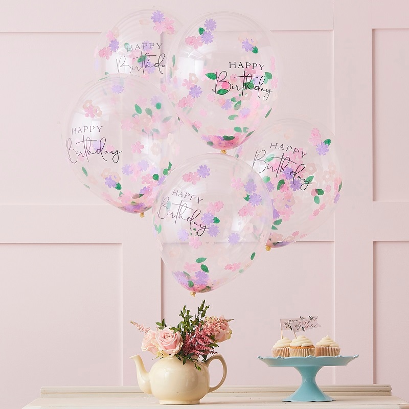 Ballonger, Happy Birthday med blomsterkonfetti 5-pack