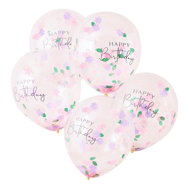 Ballonger, Happy Birthday med blomsterkonfetti 5-pack