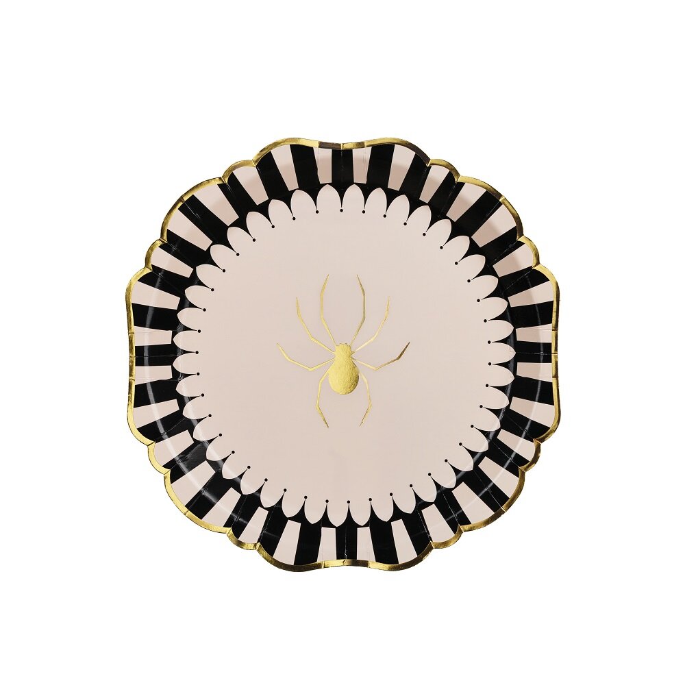 Halloween-tallerkener med gullfarget edderkopp 6 stk.