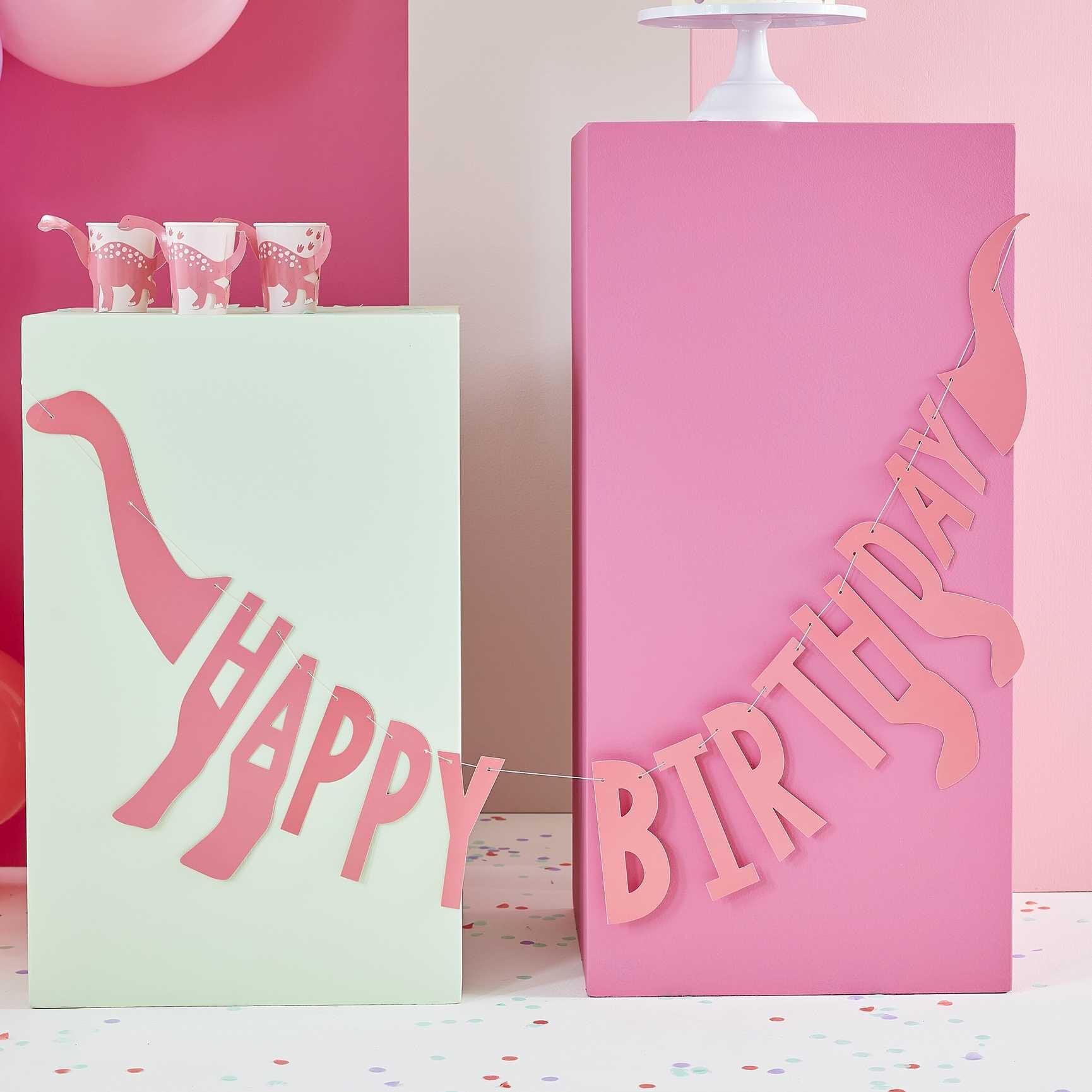 Dinosaur Roar Pink, Girlander Happy Birthday 137 cm