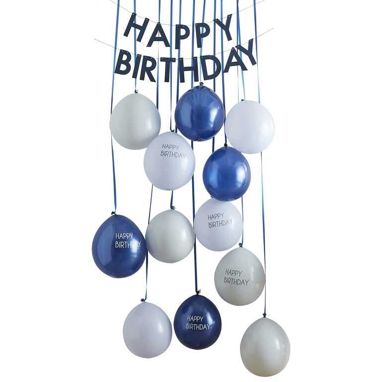Ballongsett til dør - Happy Birthday mørkeblå