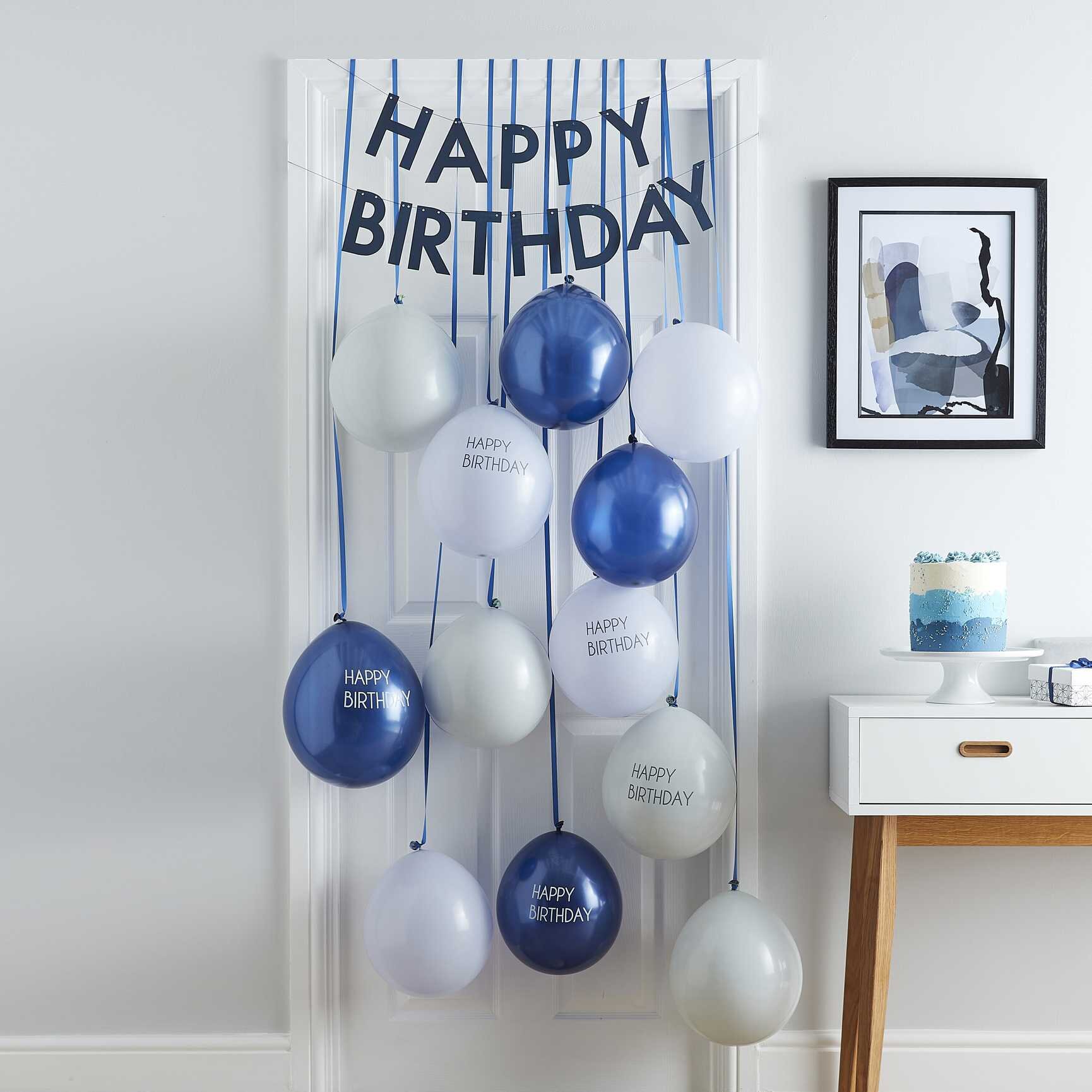 Ballongsett til dør - Happy Birthday mørkeblå