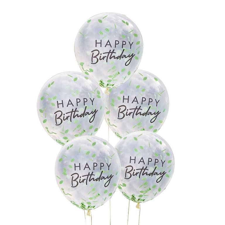 Ballonger - Happy Birthday med bladkonfetti 5 stk.