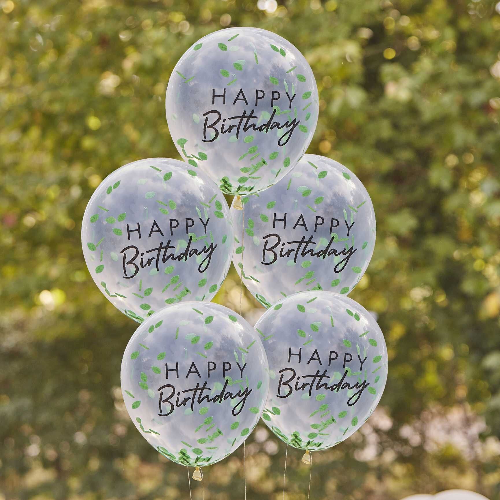 Ballonger - Happy Birthday med bladkonfetti 5 stk.